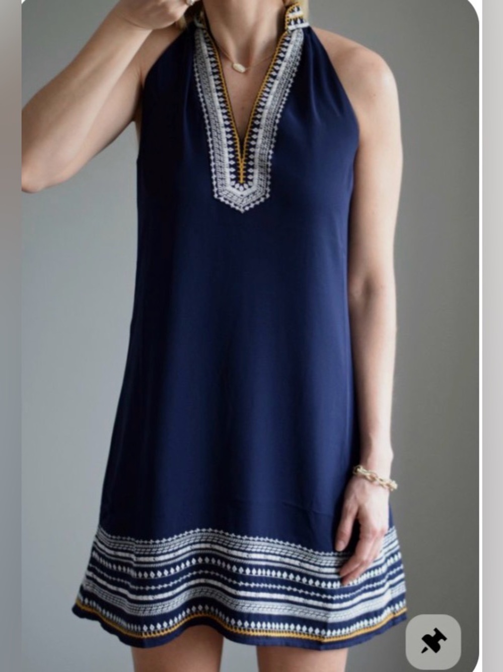 THML Navy Halter Boho S Tunic with Gold and White Embroidery Accents